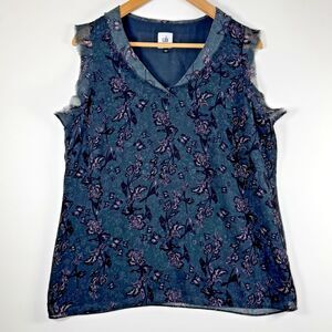 Cabi Womens Sleeveless Blouse Top Medium Green‎ Purple Floral Sheer Lined